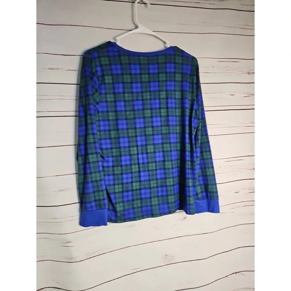 Muk Luks WOMEN PM Blue Green Plaid Cloud Knit Henley Pajama Top And‎ Bottom...
